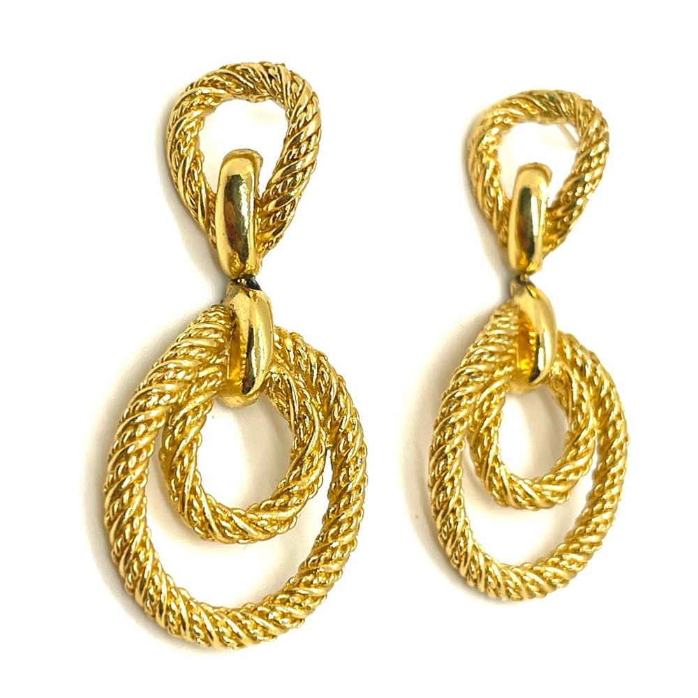 Vintage Christian Dior Gold Tone Rope Knot 2” Long Dangle Pierced Earrings
